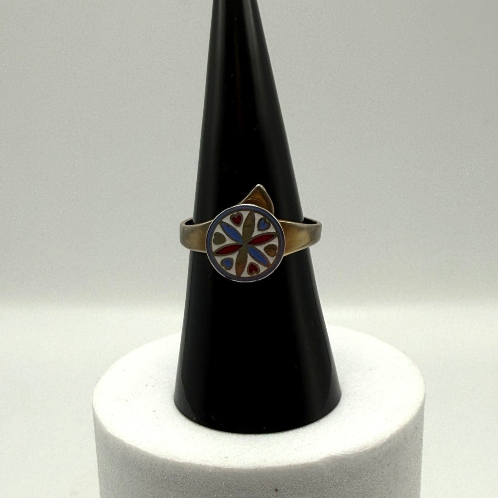Vtg‎ Gold Tone Enamel Flower Bypass Ring Colorful Geometric Starburst Size 7.5